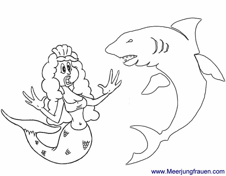 ausmalbild meerjungfrau begegnet einem hai und erschreckt