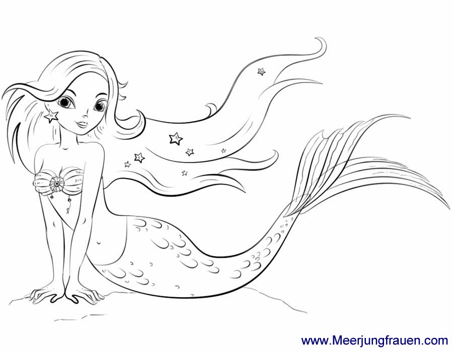 Ausmalbild Meerjungfrau mit Sternen und Muscheln