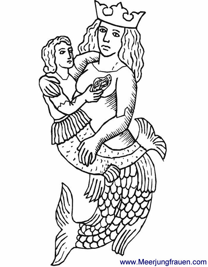 Ausmalbild Meerjungfrau mit Kind im Arm