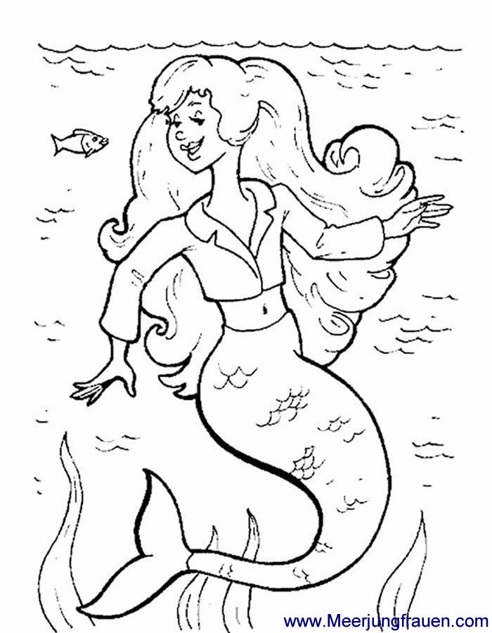 Ausmalbild Meerjungfrau lächelt zu Fisch