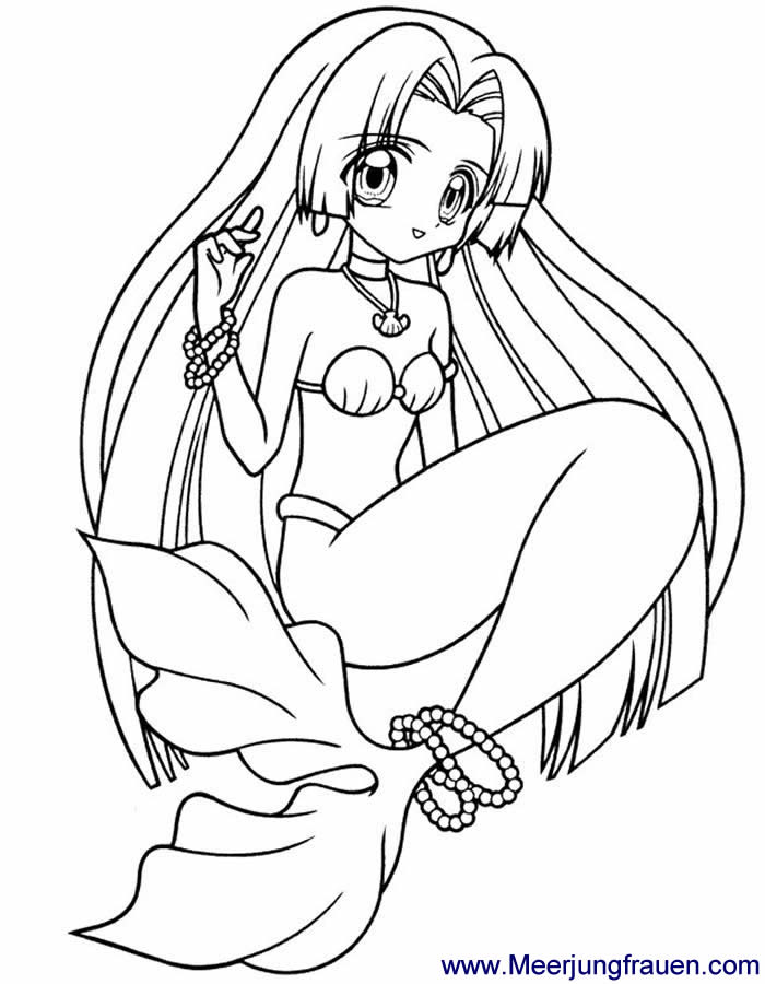 Ausmalbild Manga Meerjungfrau mit Perlenkette