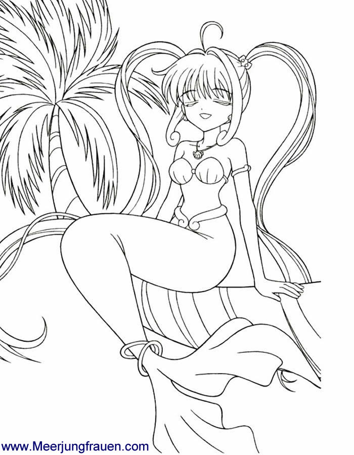 Ausmalbild Manga Meerjungfrau auf Palme