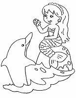 Ausmalbild Meerjungfrau Kind mit Delfin
